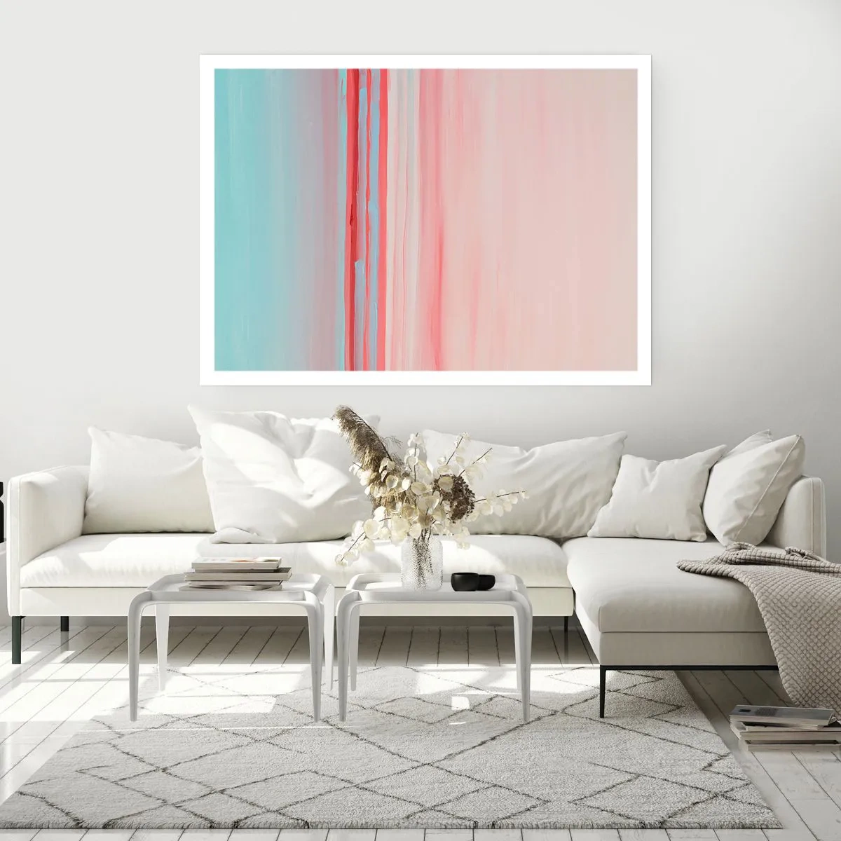 Affiche - Poster - Lignes pastel dans les tons rose et bleu dans une composition minimaliste - 100x70cm - Abstraction à l'aube - Décoration murale moderne pour le salon et la chambre ARTTOR