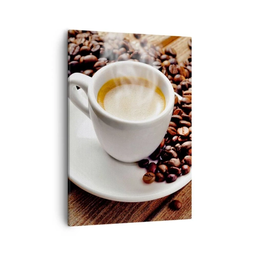 Impression sur toile - Image sur toile - Une tasse de café aromatique sur fond de grains et d'une feuille - 50x70cm - Café sur un banc - Décoration murale moderne pour le salon et la chambre ARTTOR