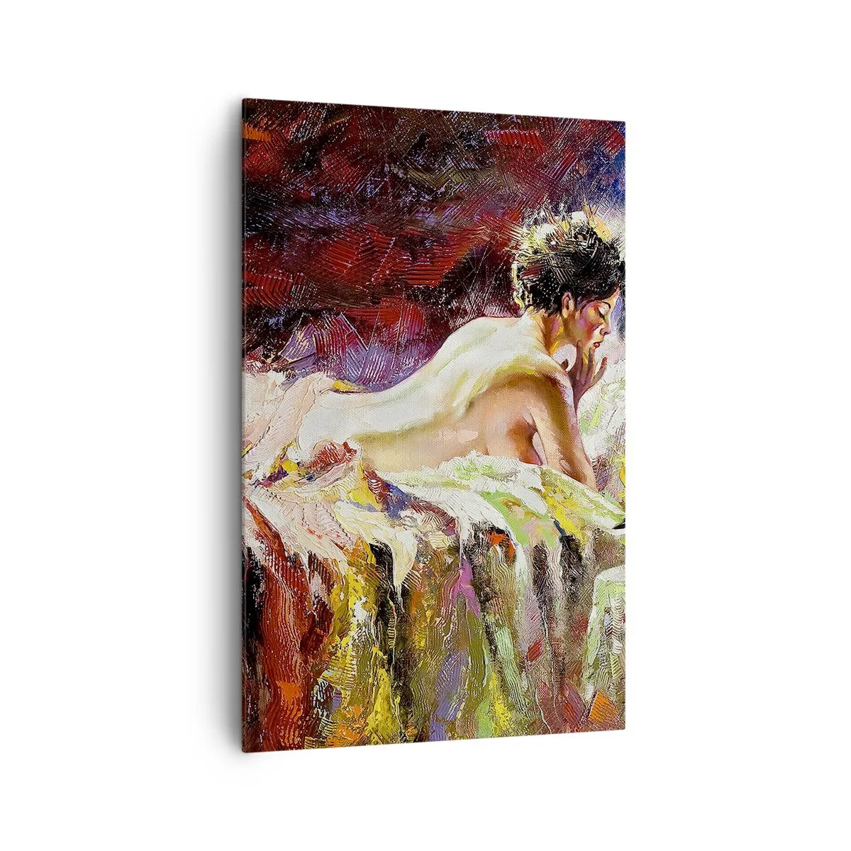 Impression sur toile - Image sur toile - Une femme allongée sur un lit sur un fond de couleurs abstraites. - 80x120cm - Vénus en pensée - Décoration murale moderne pour le salon et la chambre ARTTOR