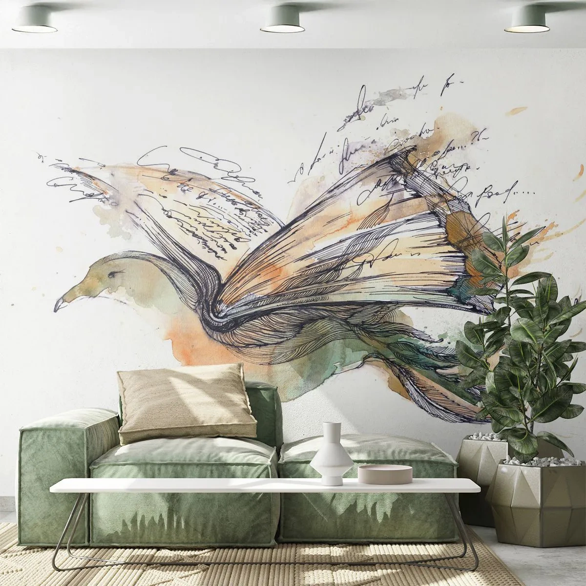 Papier Peint Photo Premium Canvas - Sur les ailes de la poésie - Abstraction, Oiseau, Livre - 300x210 cm