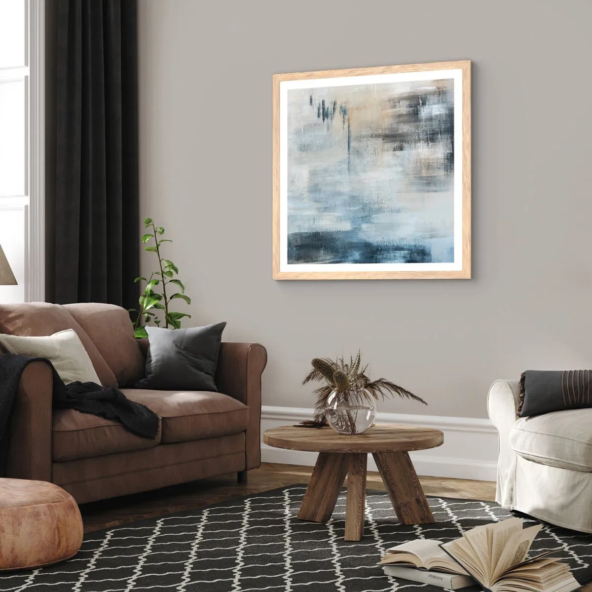 Affiche dans un chêne clair - Poster - Derrière le rideau bleu - 40x40 cm