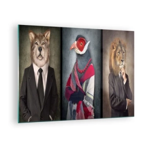 Impression sur verre - Image sur verre - Trois animaux en vêtements élégants sur un fond stylisé - 70x50cm - Qu'est ce que je fais ici?! - Décoration murale moderne pour le salon et la chambre ARTTOR