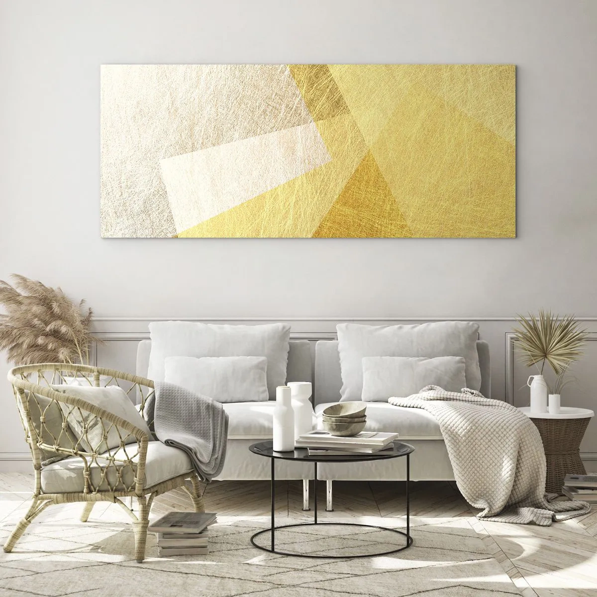 Impression sur verre - Image sur verre - Formes géométriques aux tons dorés et clairs - 120x50cm - Météo géométrique - Décoration murale moderne pour le salon et la chambre ARTTOR