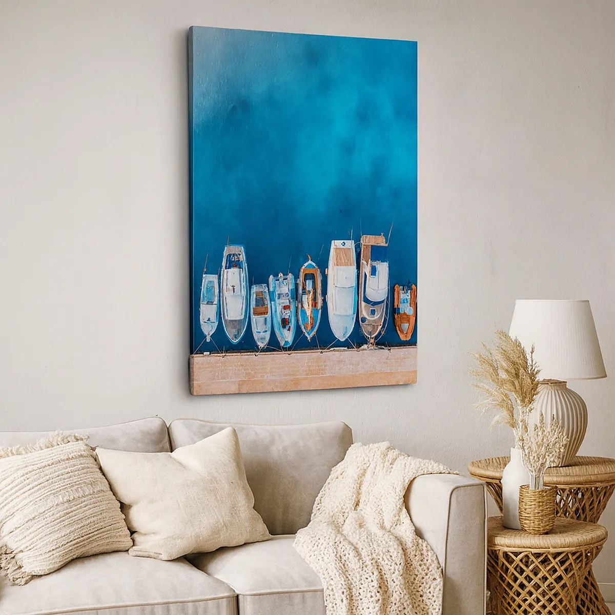 Impression sur toile - Image sur toile - Bateaux amarrés au rivage contre l'eau bleue - 50x70cm - En une seule fois - Décoration murale moderne pour le salon et la chambre ARTTOR