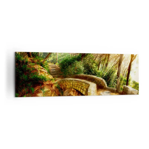 Impression sur toile - Image sur toile - Paysage forestier avec des rayons de soleil et un pont de pierre - 160x50cm - Directement du pont dans une forêt de conte de fées - Décoration murale moderne pour le salon et la chambre ARTTOR