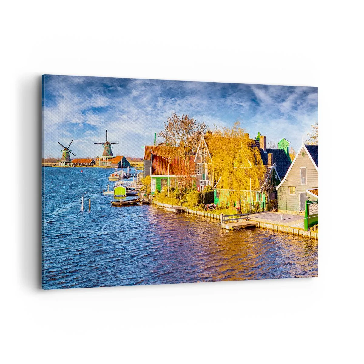 Impression sur toile - Image sur toile - Maisons pittoresques et moulins à vent au bord de l'eau - 100x70cm - C'est pareil depuis des lustres - Décoration murale moderne pour le salon et la chambre ARTTOR