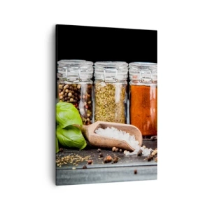 Impression sur toile - Image sur toile - Herbes et épices dans des bocaux en verre sur fond sombre - 50x70cm - Pour que la vie ait du goût - Décoration murale moderne pour le salon et la chambre ARTTOR