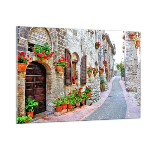 Impression sur verre - Image sur verre - Une rue pittoresque avec des murs de pierre et des fleurs rouges - 120x80cm - Ambiance italienne - Décoration murale moderne pour le salon et la chambre ARTTOR
