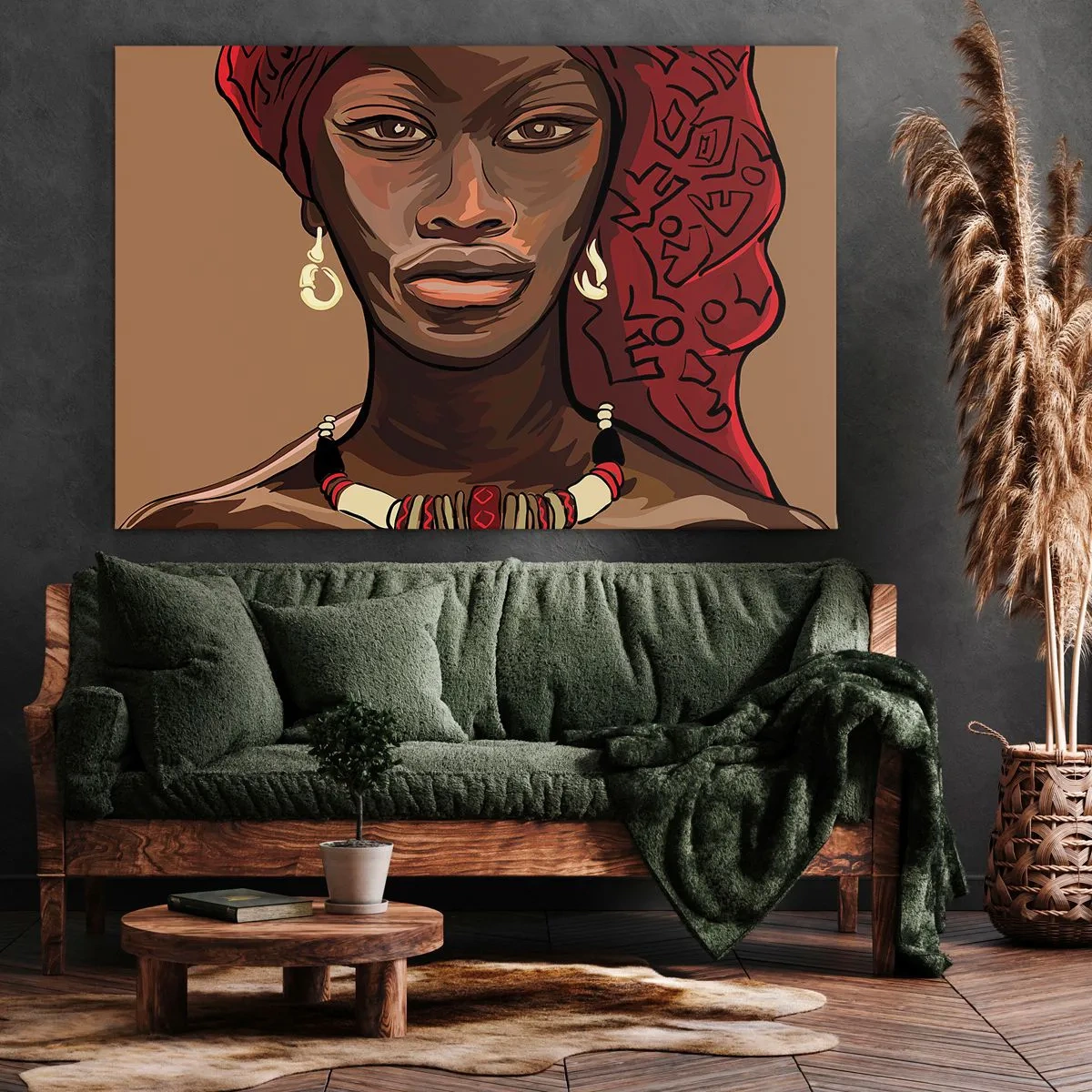 Impression sur toile - Image sur toile - Portrait d'une femme au turban rouge sur fond beige - 120x80cm - Vénus d'ébène - Décoration murale moderne pour le salon et la chambre ARTTOR