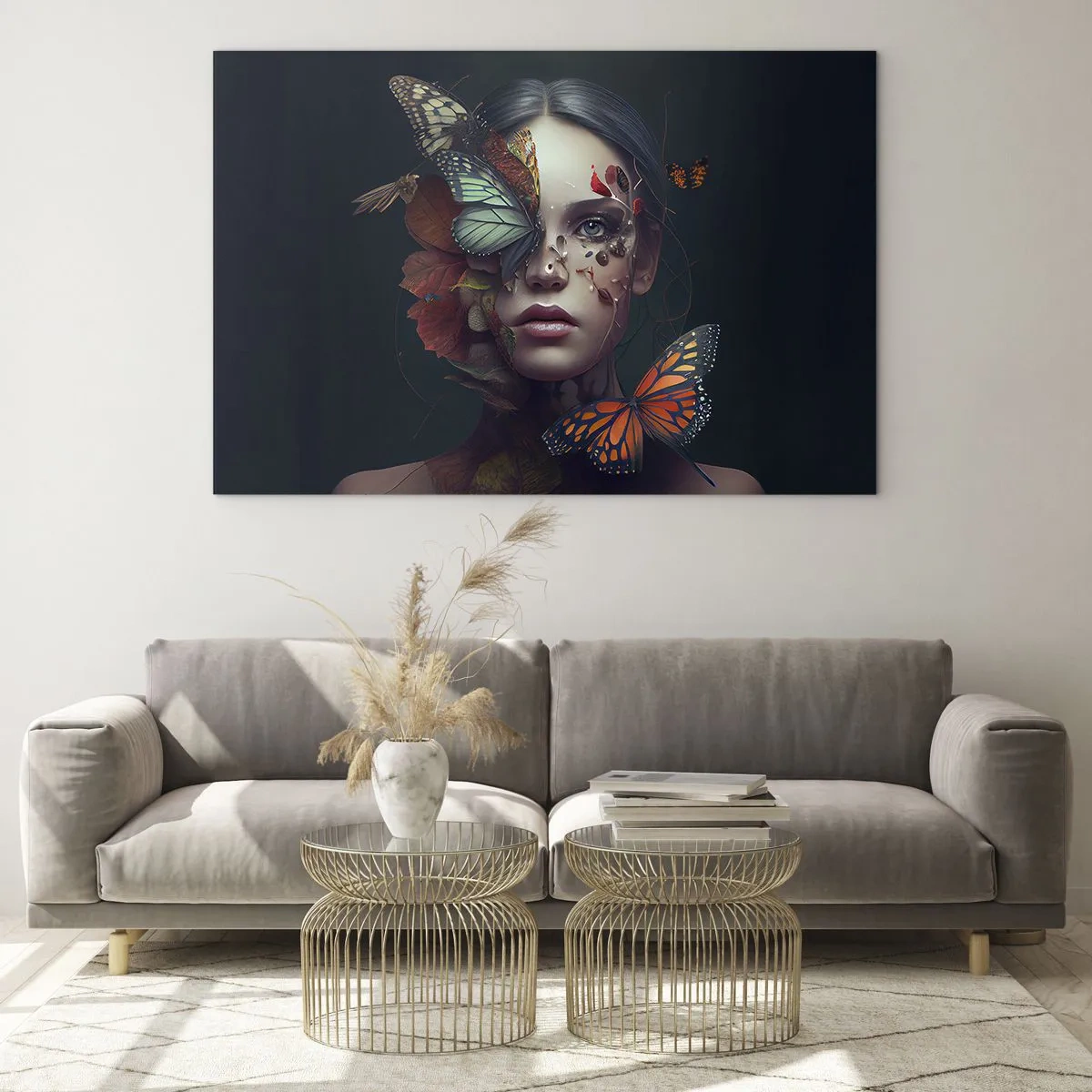 Impression sur verre - Image sur verre - Un visage de femme avec des papillons et des feuilles dans une composition artistique - 120x80cm - Une merveilleuse métamorphose - Décoration murale moderne pour le salon et la chambre ARTTOR