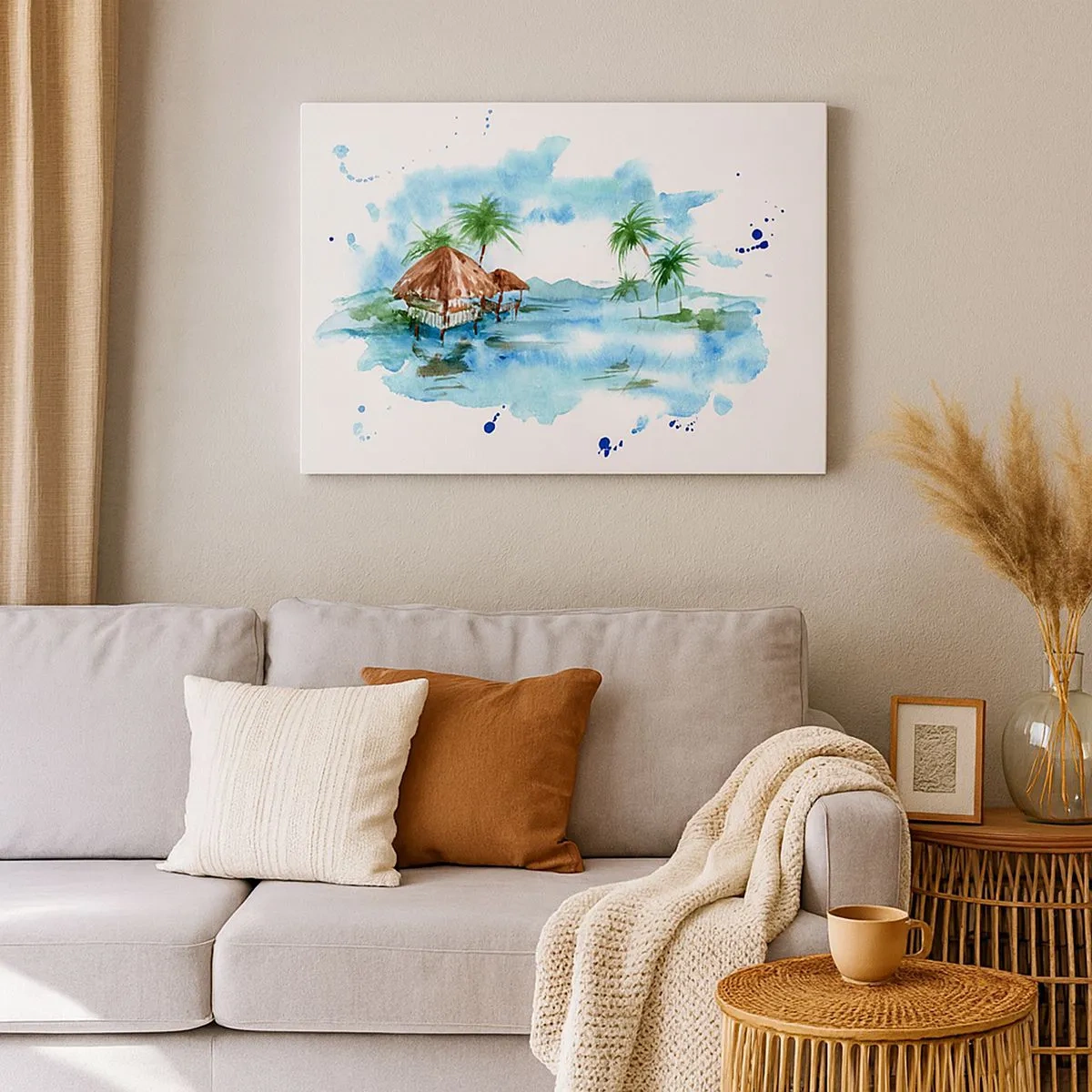 Impression sur toile - Image sur toile - Aquarelle représentant un paysage tropical avec des maisons et des palmiers - 70x50cm - Quelque part dans le Pacifique - Décoration murale moderne pour le salon et la chambre ARTTOR