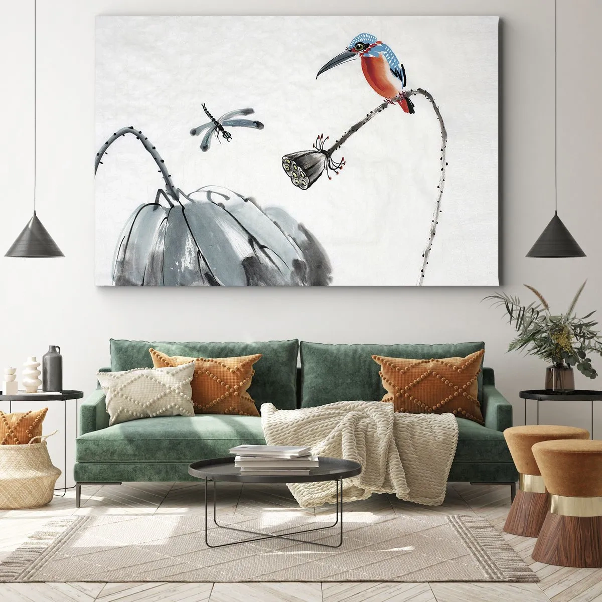 Impression sur toile - Image sur toile - Un oiseau coloré sur fond de végétation et une libellule - 100x70cm - La vie du champ - Décoration murale moderne pour le salon et la chambre ARTTOR