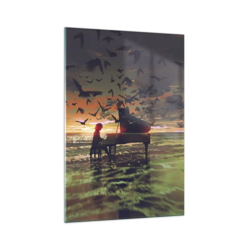 Impression sur verre - Image sur verre - Un piano au bord de la mer au coucher du soleil avec des oiseaux - 70x100cm - Concert pour piano et vagues - Décoration murale moderne pour le salon et la chambre ARTTOR