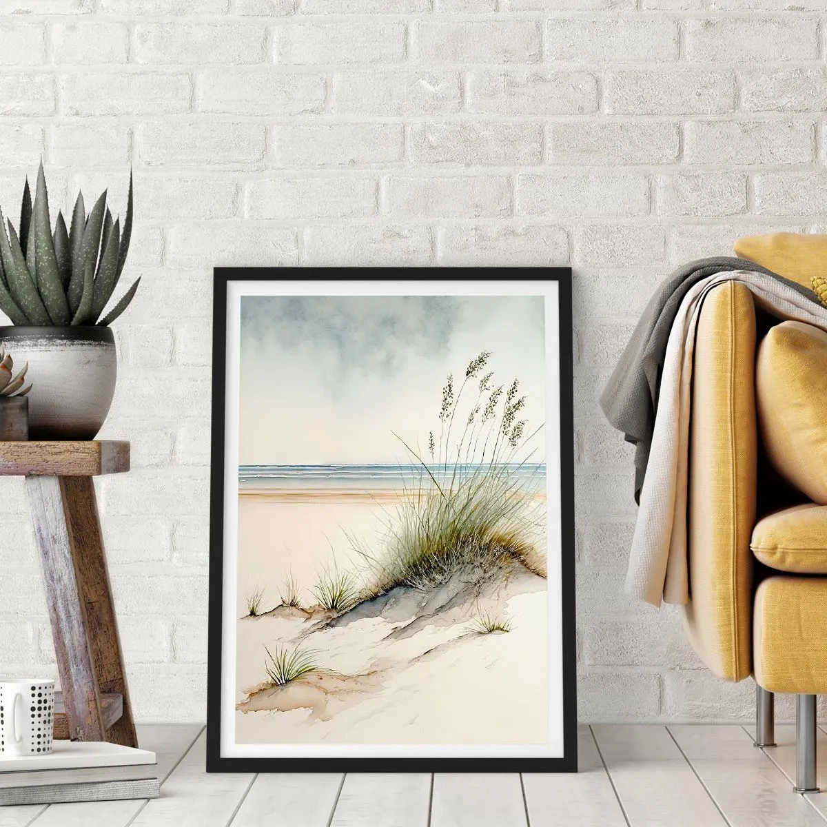 Affiche dans un cadre noir - Poster - Caressé par le vent - herbes sur les dunes près de la plage - 50x70cm - Choyé par le vent - Décoration murale moderne pour le salon et la chambre ARTTOR