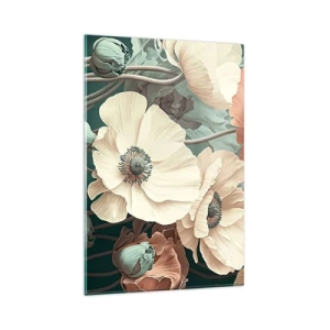 Impression sur verre - Image sur verre - Fleurs élégantes aux tons pastel sur fond vert - 80x120cm - Le murmure des coquelicots - Décoration murale moderne pour le salon et la chambre ARTTOR