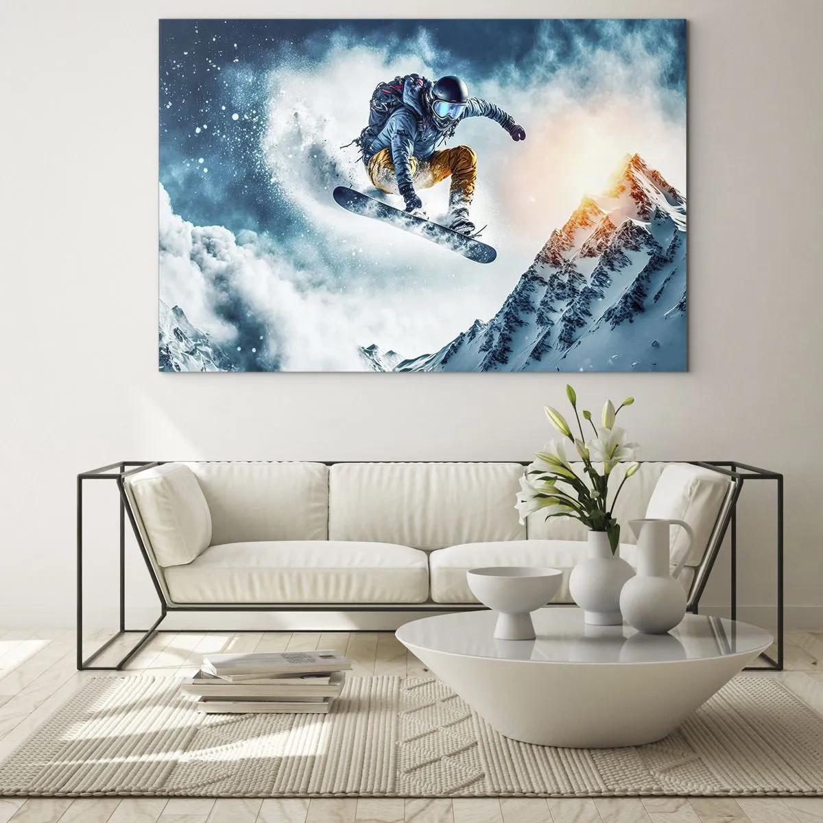 Impression sur verre - Image sur verre - Un snowboarder survole des montagnes enneigées - 120x80cm - Des émotions extrêmes - Décoration murale moderne pour le salon et la chambre ARTTOR