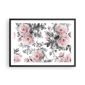 Affiche dans un cadre noir - Poster - Roses roses et feuilles sur un délicat fond noir et blanc - 70x50cm - Se perdre dans les fleurs des roses - Décoration murale moderne pour le salon et la chambre ARTTOR