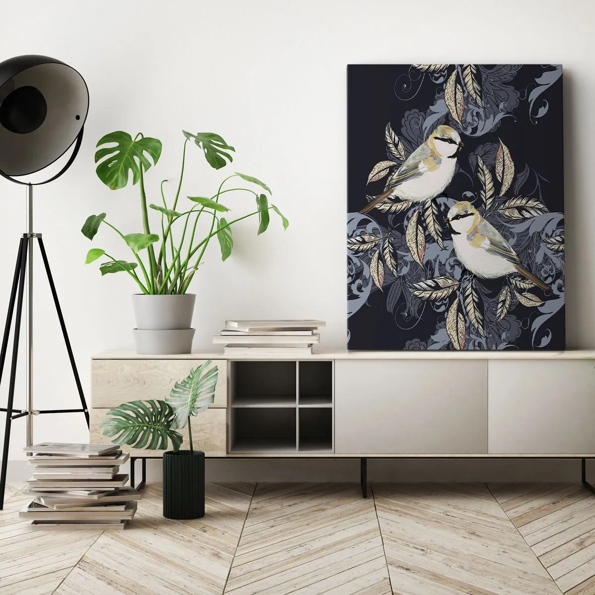 Impression sur toile - Image sur toile - Oiseaux sur des branches dans un arrière-plan ornemental - 50x70cm - Babillement jaune et bleu - Décoration murale moderne pour le salon et la chambre ARTTOR