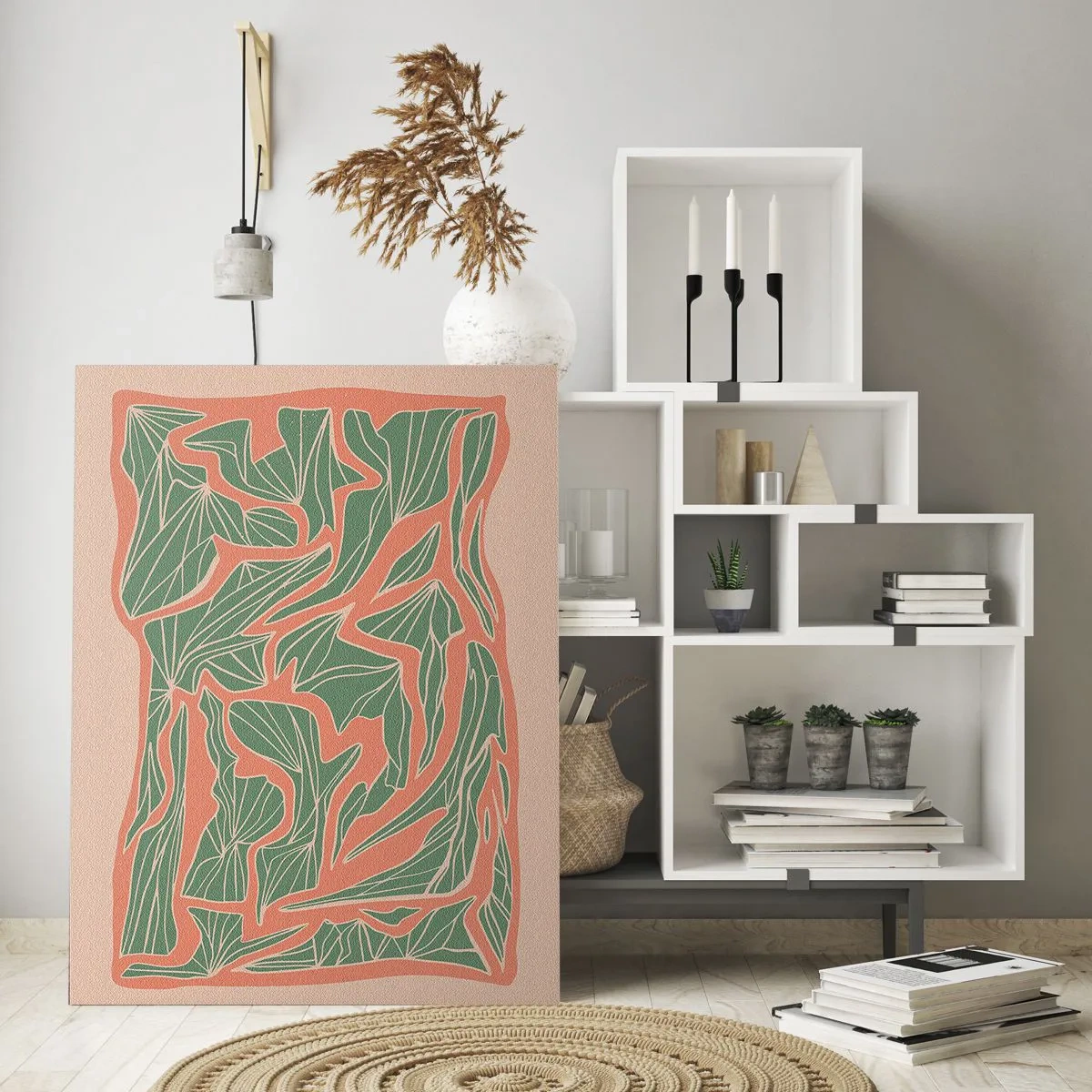 Impression sur verre - Image sur verre - Formes feuillues vertes entourées d'un cadre corail sur fond beige - 50x70cm - La lutte entre le corail et la verdure - Décoration murale moderne pour le salon et la chambre ARTTOR