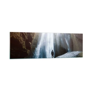 Impression sur verre - Image sur verre - Une silhouette sur fond de cascade majestueuse dans une gorge rocheuse - 160x50cm - Restauration des proportions - Décoration murale moderne pour le salon et la chambre ARTTOR