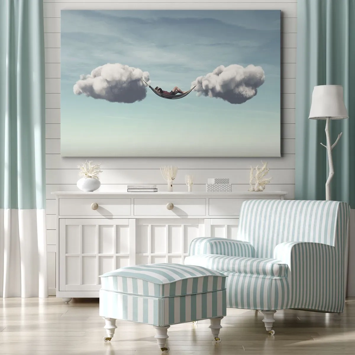 Impression sur toile - Image sur toile - Une personne se détendant dans un hamac suspendu dans les nuages - 100x70cm - Instant de bonheur - Décoration murale moderne pour le salon et la chambre ARTTOR