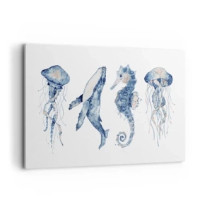 Impression sur toile - Image sur toile - Méduse, baleine et hippocampe dans un style aquarelle - 120x80cm - Merveilles de la mer - Décoration murale moderne pour le salon et la chambre ARTTOR