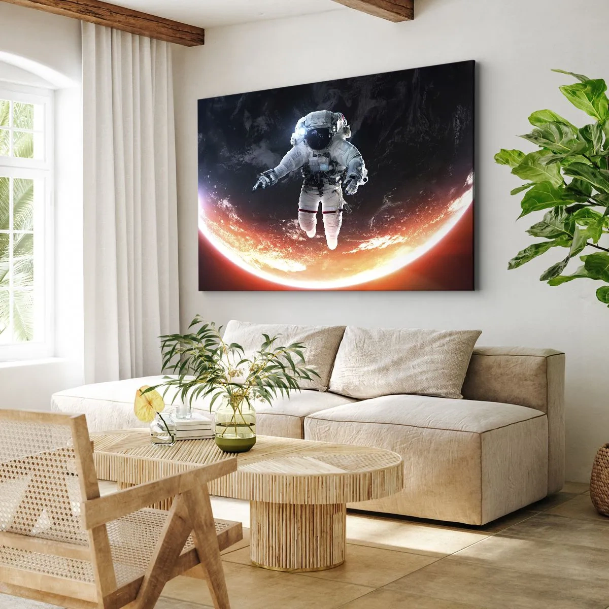 Impression sur toile - Image sur toile - Un astronaute flottant au-dessus d'une Terre éclairée par le soleil - 70x50cm - Puis-je rester un peu plus longtemps ? - Décoration murale moderne pour le salon et la chambre ARTTOR
