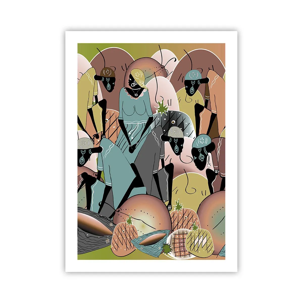 Affiche - Poster - Une composition stylisée de figures africaines avec des fruits aux couleurs pastel. - 50x70cm - De grandes fêtes arrivent - Décoration murale moderne pour le salon et la chambre ARTTOR