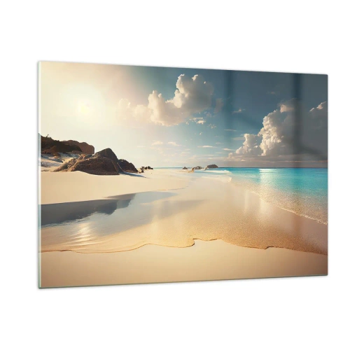 Impression sur verre - Image sur verre - Plage dorée et mer turquoise à la lumière du soleil du matin - 120x80cm - Une journée de rêve - Décoration murale moderne pour le salon et la chambre ARTTOR
