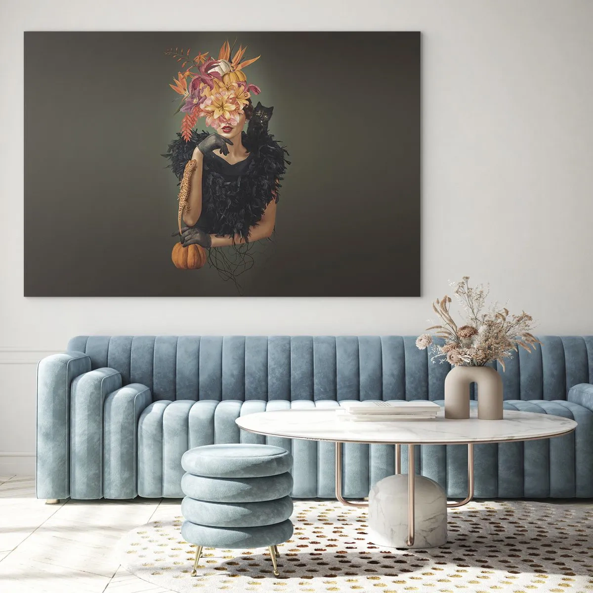 Impression sur verre - Image sur verre - Figure d'une femme en noir avec une citrouille, un chat et une composition florale - 70x50cm - Sort de sorcière - Décoration murale moderne pour le salon et la chambre ARTTOR