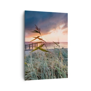 Impression sur toile - Image sur toile - Plage au coucher du soleil avec des herbes au premier plan - 70x100cm - Ça ne passe pas avec le vent - Décoration murale moderne pour le salon et la chambre ARTTOR