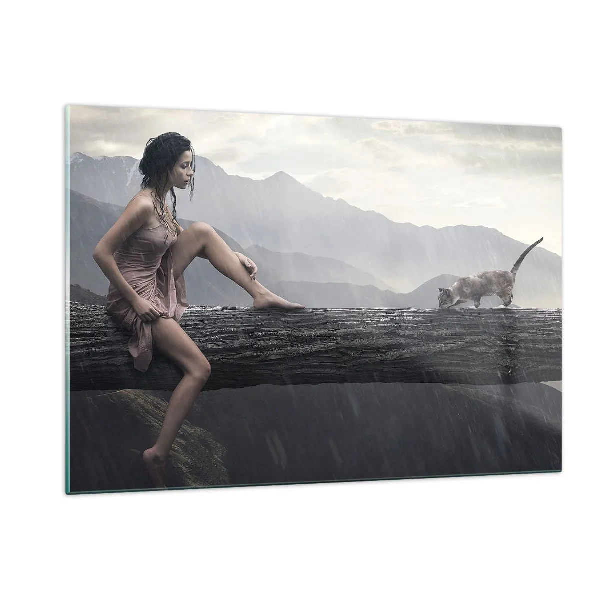 Impression sur verre - Image sur verre - Une femme et un chat sur une bûche de bois dans un paysage pluvieux - 120x80cm - Des sommets de beauté - Décoration murale moderne pour le salon et la chambre ARTTOR