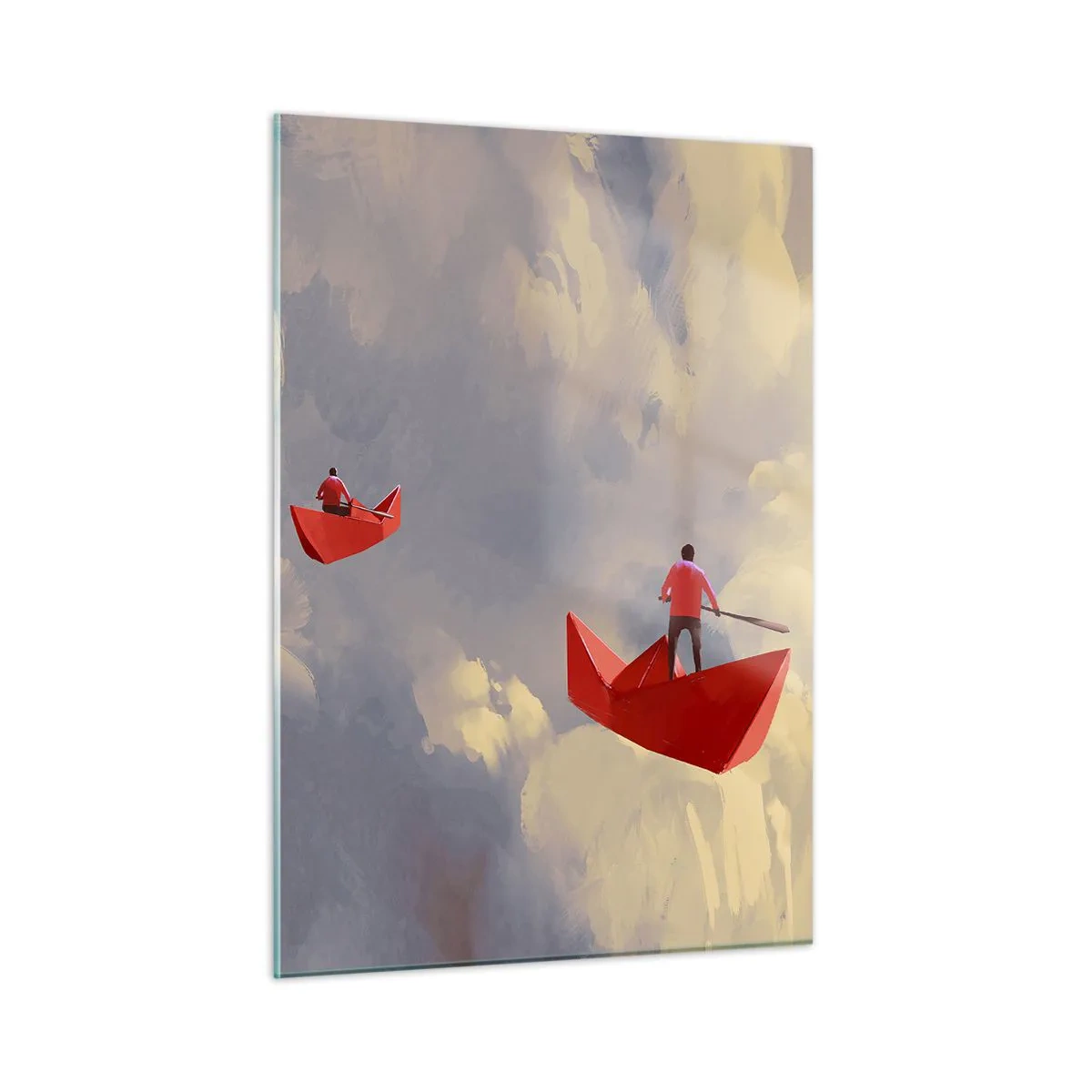 Impression sur verre - Image sur verre - Deux personnes dans des bateaux rouges contre un ciel nuageux - 50x70cm - Expédition des Rêveurs - Décoration murale moderne pour le salon et la chambre ARTTOR