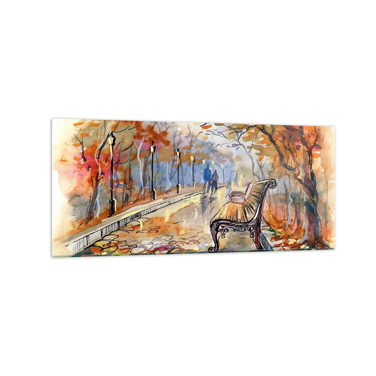 Impression sur verre - Image sur verre - Un parc d'automne avec un banc à l'aquarelle - 120x50cm - Errer ensemble à l'automne - Décoration murale moderne pour le salon et la chambre ARTTOR