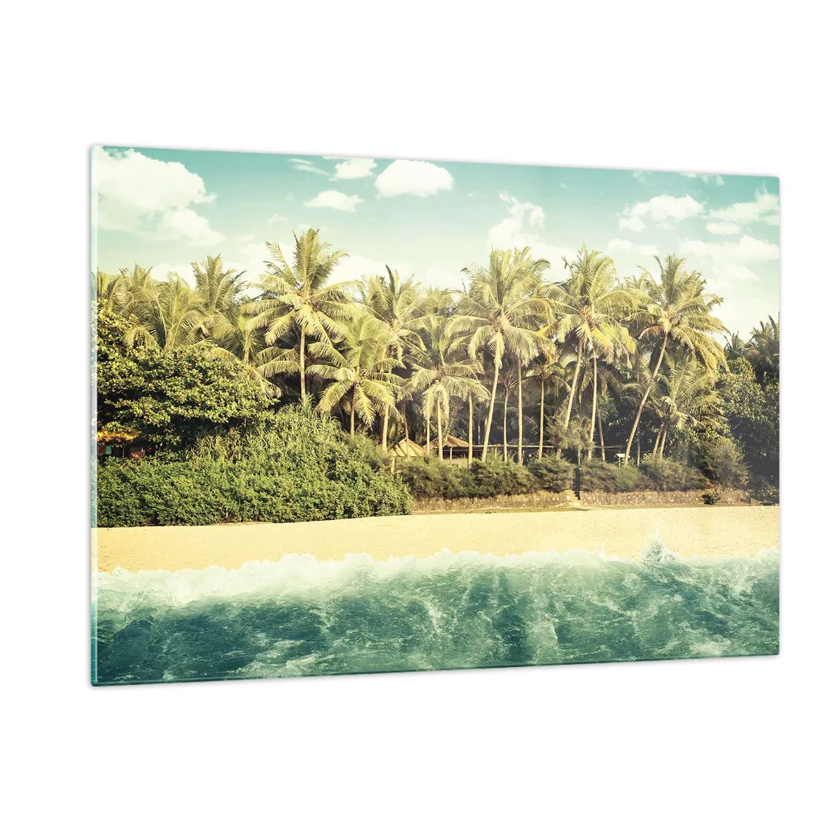 Impression sur verre - Image sur verre - Une plage exotique avec des palmiers et une mer turquoise par une journée ensoleillée - 120x80cm - Peut-être ici? - Décoration murale moderne pour le salon et la chambre ARTTOR