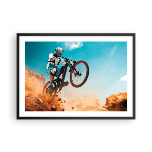 Affiche dans un cadre noir - Poster - Un vététiste effectue un saut sur fond de rochers - 70x50cm - Démon de la folie du vélo - Décoration murale moderne pour le salon et la chambre ARTTOR