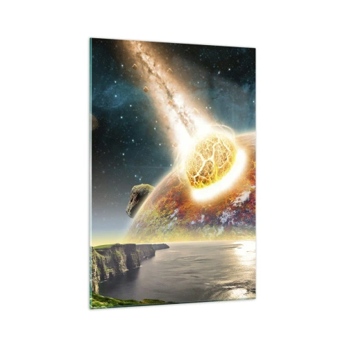 Impression sur verre - Image sur verre - Une météorite entre en collision avec une planète dans un paysage cosmique. - 70x100cm - Drame spatial - Décoration murale moderne pour le salon et la chambre ARTTOR