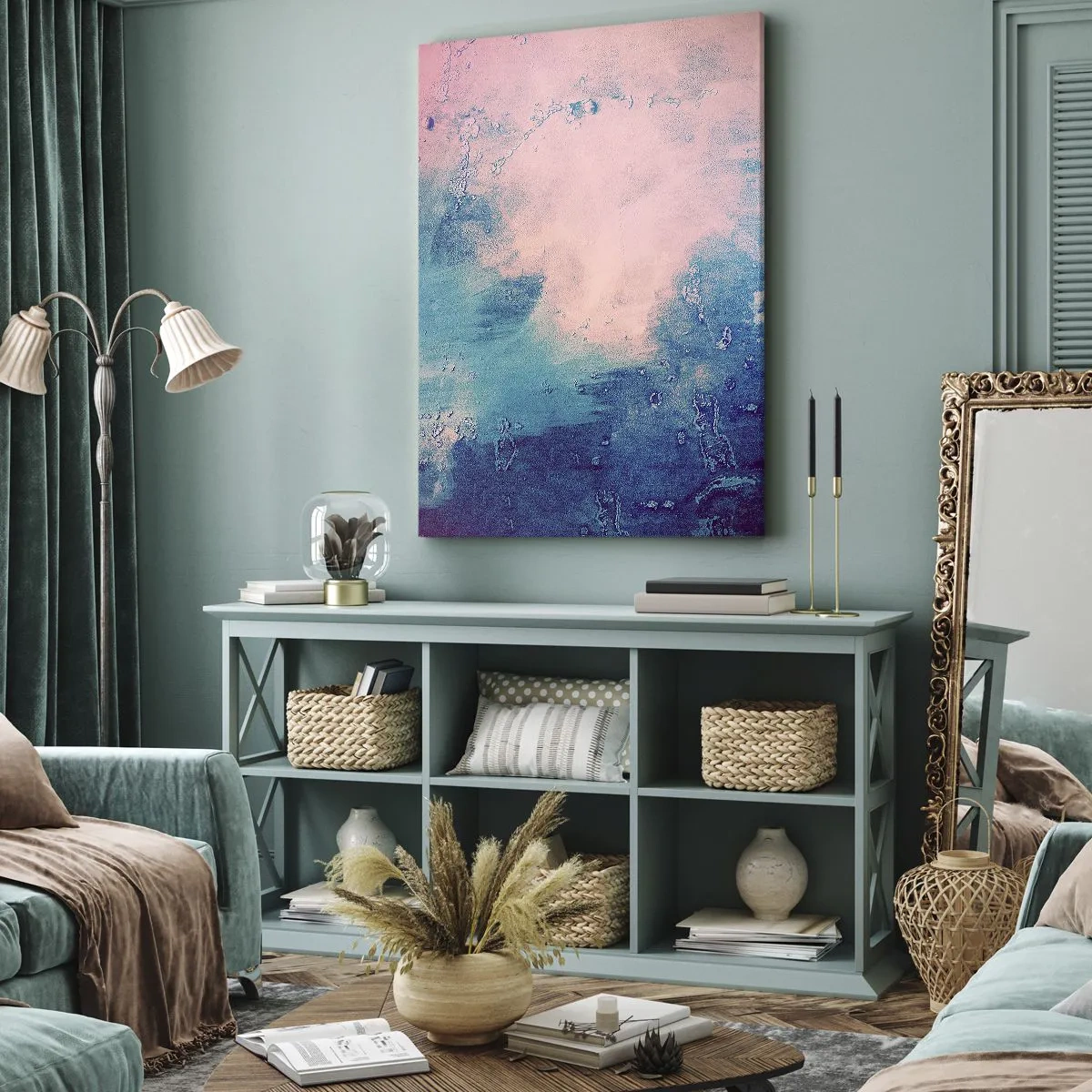 Impression sur toile - Image sur toile - Texture abstraite dans les tons de rose et de bleu - 70x100cm - Etreintes bleues - Décoration murale moderne pour le salon et la chambre ARTTOR