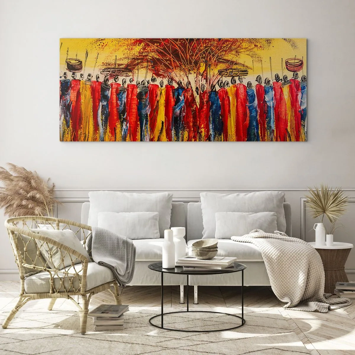 Impression sur verre - Image sur verre - Une scène colorée avec des personnages africains sur fond de soleil couchant. - 120x50cm - Là-bas, là-bas, ils vont là-bas - Décoration murale moderne pour le salon et la chambre ARTTOR