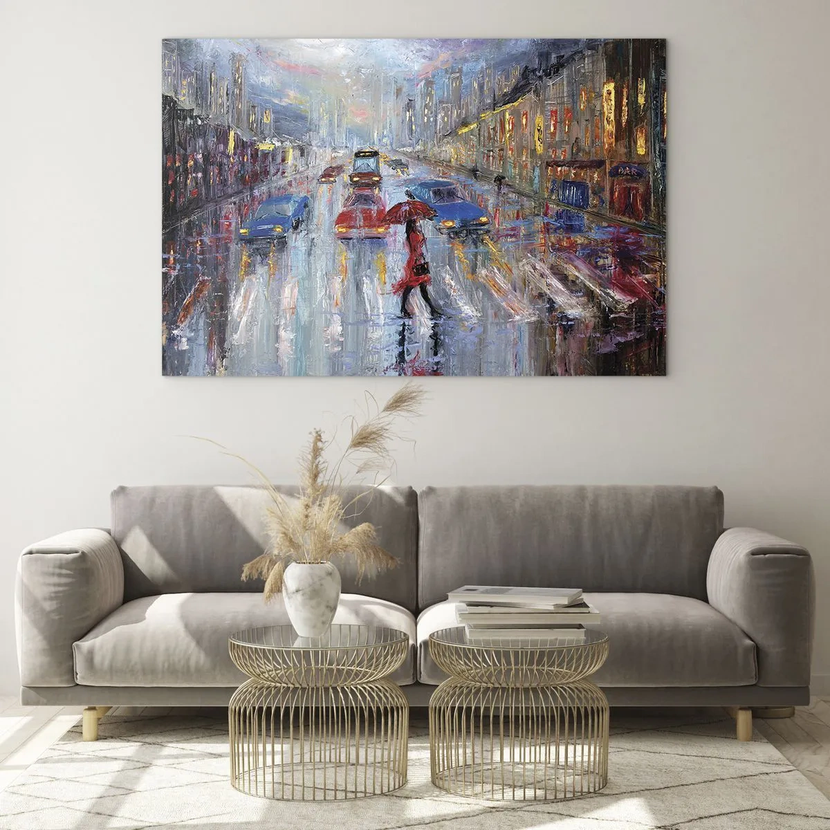 Impression sur verre - Image sur verre - Scène de ville la nuit avec pluie et lumières colorées - 70x50cm - Après-midi pluvieux en ville - Décoration murale moderne pour le salon et la chambre ARTTOR