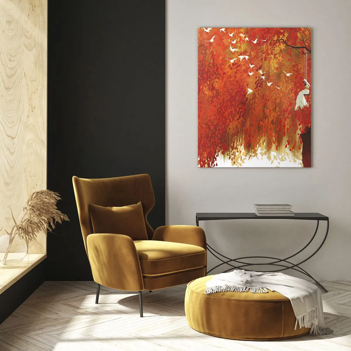 Impression sur verre - Image sur verre - Des feuilles rouges, un arbre solitaire et des oiseaux dans une scène d'automne - 50x70cm - S'envolera-t-il avec eux ? - Décoration murale moderne pour le salon et la chambre ARTTOR