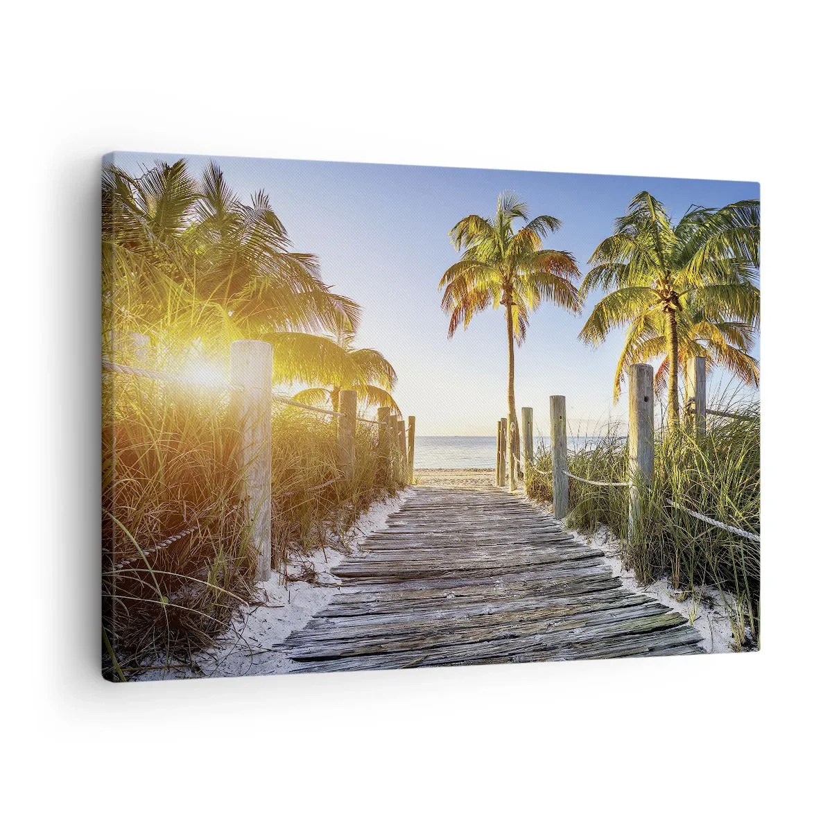 Impression sur toile - Image sur toile - Chemin en bois sur la plage avec des palmiers en arrière-plan - 70x50cm - Directement au paradis - Décoration murale moderne pour le salon et la chambre ARTTOR