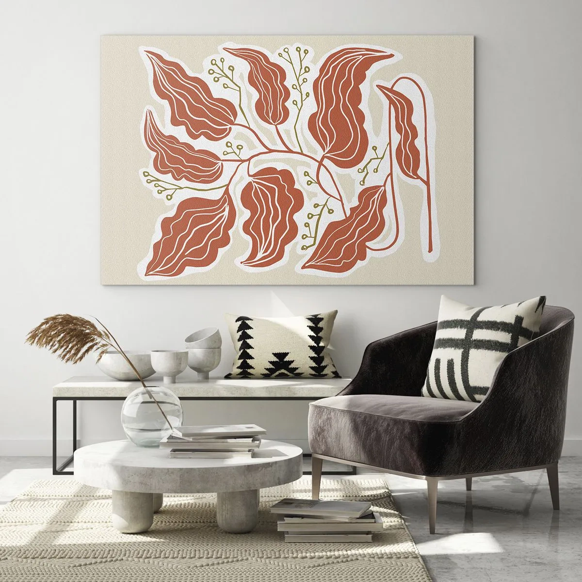 Impression sur verre - Image sur verre - Feuilles de corail avec un motif folklorique sur fond clair - 70x50cm - Folk et coloré - Décoration murale moderne pour le salon et la chambre ARTTOR