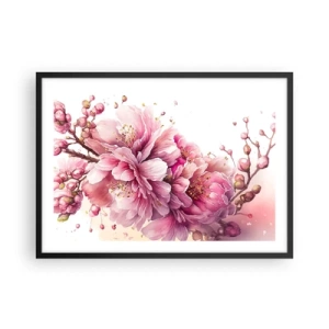 Affiche dans un cadre noir - Poster - De délicates fleurs de cerisier en pleine floraison sur un fond clair - 70x50cm - Fleur florissante de cerisier - Décoration murale moderne pour le salon et la chambre ARTTOR
