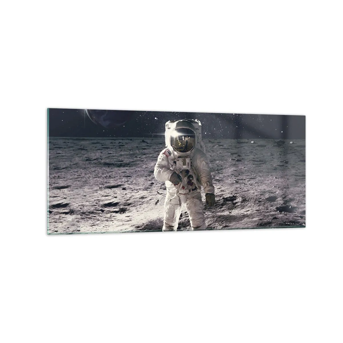 Impression sur verre - Image sur verre - Astronaute à la surface de la Lune avec la Terre en arrière-plan - 120x50cm - Salutations de la lune - Décoration murale moderne pour le salon et la chambre ARTTOR