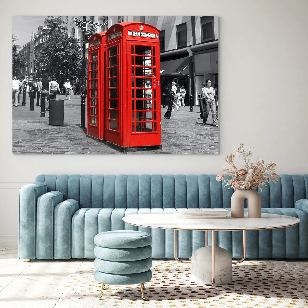 Impression sur verre - Image sur verre - Cabines téléphoniques rouges dans une rue de Londres - 100x70cm - Cabines téléphoniques rouges - Décoration murale moderne pour le salon et la chambre ARTTOR