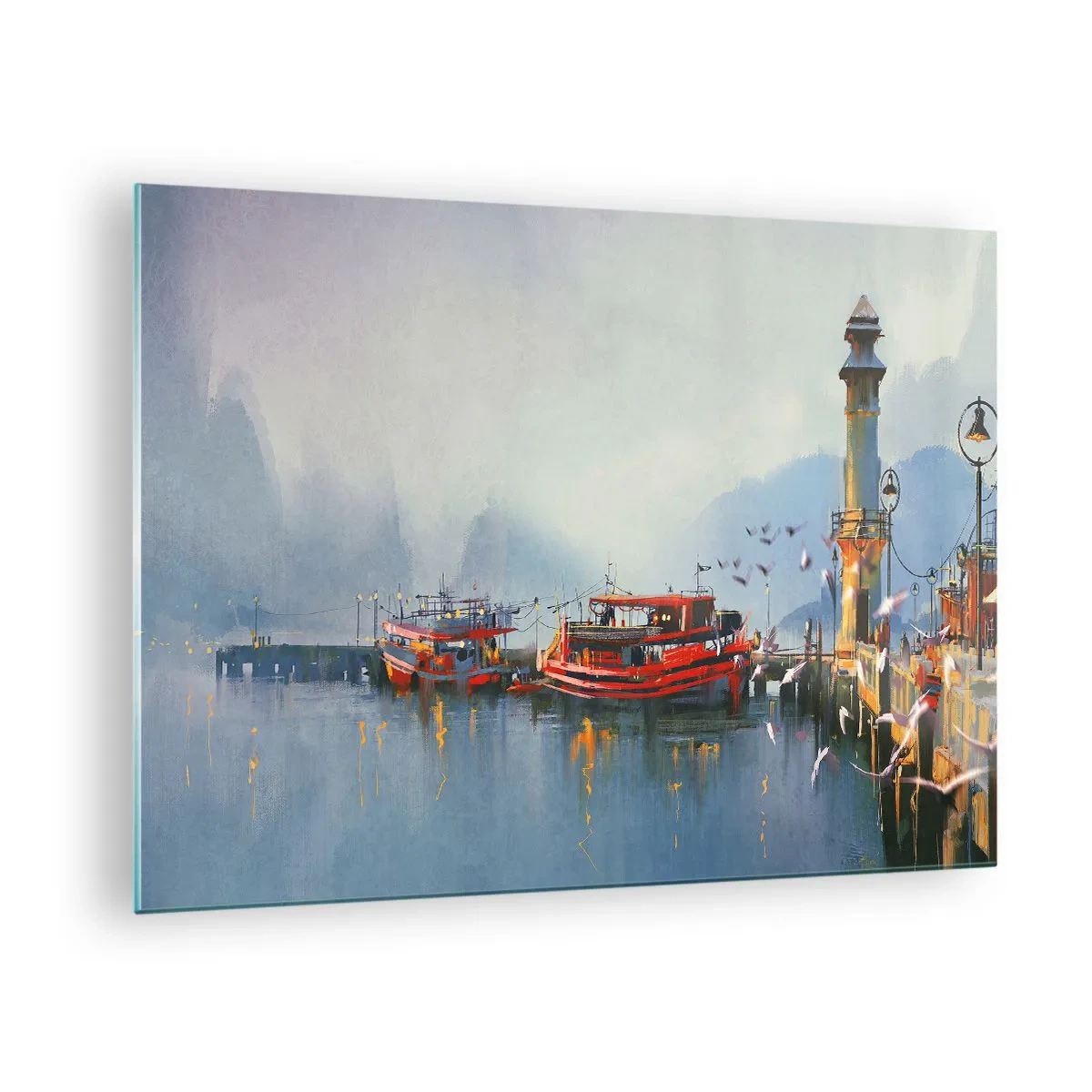 Impression sur verre - Image sur verre - Un port avec des bateaux rouges, un phare et des oiseaux sur fond de montagnes - 70x50cm - Na końcu świata - Décoration murale moderne pour le salon et la chambre ARTTOR