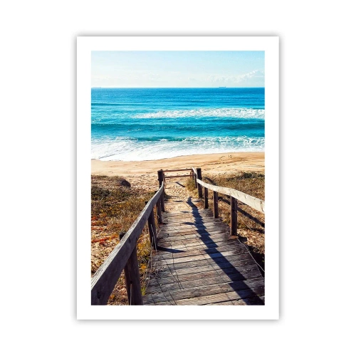 Affiche - Poster - Chemin en bois menant à la plage avec vue sur la mer - 50x70cm - Cours! - Décoration murale moderne pour le salon et la chambre ARTTOR