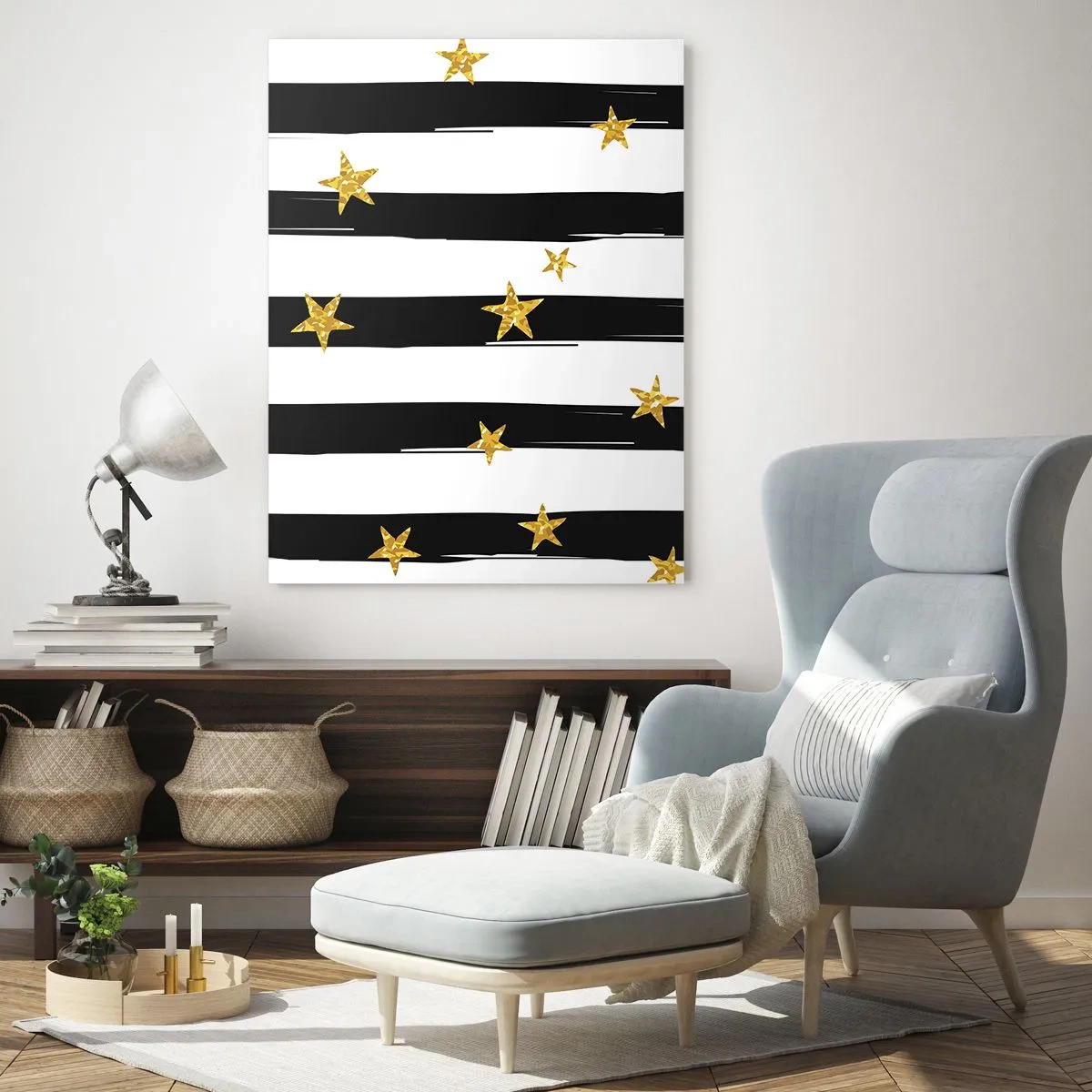Impression sur verre - Image sur verre - Rayures noires et blanches avec étoiles dorées - 70x100cm - Nous sommes tous nés sous une bonne étoile - Décoration murale moderne pour le salon et la chambre ARTTOR
