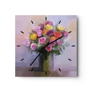 Horloge murale - Pendule murale - Un bouquet de roses colorées dans un vase en verre - 30x30cm - Beauté conservée - Décoration murale moderne pour le salon et la chambre ARTTOR